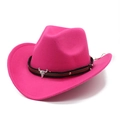 Macro detail of the silver bull head metal buckle on a rose red wool felt cowboy hat - M (56-58cm) / Rose Red