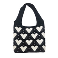 Knitted black tote bag with white heart jacquard pattern and wide shoulder strap - Black