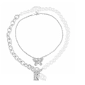 Layered silver necklace featuring butterfly pendant and baroque pearl with OT buckle - Silver Butterfly Pearl Patchwork Necklace