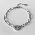 Silver stainless steel paperclip chain bracelet with a 10x10mm round ring pendant - Polished Circle Pendant Paperclip Chain (XBL0039-1)