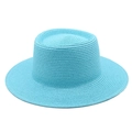 Close-up of the sky blue woven straw sun hat with detailed spiral texture and wide brim - M (56-58cm) / Lake Blue