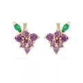 Cute purple grape earrings with gold plating and green leaf gems on white background - Grapes