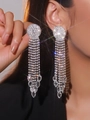 Silver long tassel earrings with sparkling rhinestones and teardrop pendants for women - Teardrop Tassel Combo / Silver