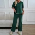 Women's green knit set with short-sleeve top and wide-leg pants featuring white trim detail - S / Green