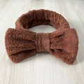 Soft brown plush bow headband for face washing and makeup with elastic flannel material - Caramel Headband 1pc