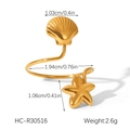 Detailed view of 18K gold starfish and shell open ring with precise size measurements - Starfish & Shell Style (HC-R30516)
