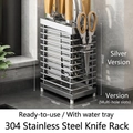 304 stainless steel kitchen knife rack in silver with removable drip tray and slots - Countertop Knife Rack / Silver