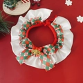 Christmas pet scarf with red plaid ribbon, golden bells, and white satin ruffle details - Christmas Bell Plaid Bib
