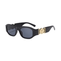 Classic black oval sunglasses with golden Medusa lion head emblem on the temples - Black Frame Grey Lens