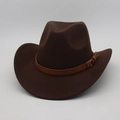 Detail view of the brown wool felt cowboy hat with leather band and metal buckle accent - One Size / Coffee (With Brown Belt)