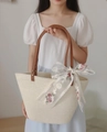 Beige woven summer tote bag with brown leather handles and white lace floral bow - Large Beige with Free Streamer