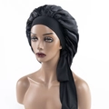 Black satin silk bonnet for sleeping with adjustable wide tie band for hair protection - Medium / Black
