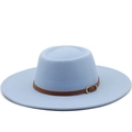 Light blue wide brim wool fedora hat with brown leather belt and golden metal buckle - M (56-58cm) / Sky Blue