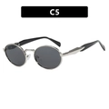 Silver oval metal sunglasses with dark grey lenses and black earpieces, model C5 style - Silver Frame Solid Grey