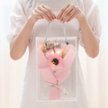 Pink sunflower soap flower bouquet with LED lights in a transparent hand bag gift box - 3-Flower Box [Lychee Pink + Sunflower] + Light + Card