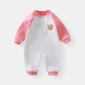 Tutina neonato bicolore rosa e bianca con simpatica toppa a forma di orsetto peluche - 66CM / Rosa + Bianco