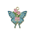 Enamel butterfly and pink tulip charm pendant for DIY jewelry in vibrant blue and pink - Lake Blue Tulip Butterfly Pendant (18108) / 1 Piece (23x25mm)