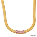 Gold herringbone chain necklace featuring pink rectangular cut stones and metallic luster - Pink Rectangle Zirconia Inlay Herringbone Flat Necklace (KCD734 Pink)