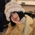 Faux fur knit hat in cream white color with warm plush lining for winter women - Rabbit Fur Bucket-Beige