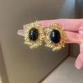 Orecchini vintage a foglia d'oro con un'elegante pietra ovale nera al centro - Foglia Ovale Nera (23# Perno in Argento)