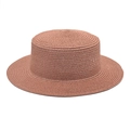 Close-up of finely woven texture on a dark brick red straw boater hat with a flat top - M (56-58cm) / Dusty Pink