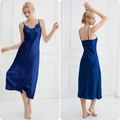 Dark blue satin long nightgown with delicate lace V-neckline and elegant silk-like finish - Dark Blue
