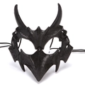 Detailed view of black devil cosplay mask with horns and rugged leather texture finish - Plastic / Yaksha Black