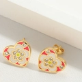 Golden heart-shaped enamel stud earrings with a green floral design and sparkling crystals - Rose Red (ES2607)