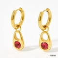 Gold-plated stainless steel hoop earrings featuring hollow pear-shaped red stone pendants - Gold Earrings - Red Zircon (KDE763)