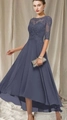 Elegant dusty blue lace evening dress with high-low hem and half-sleeves for formal events - L(US 12) / Smoky Blue