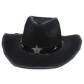 Zwarte cowboy strohoed met zilveren sterembleem en turquoise steen op een witte achtergrond - Eén maat(56-58cm) / Zwart + Winddicht Touw (Turkoois Ster)