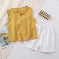 Kids summer cotton gauze pajama set featuring ginger yellow vest and white shorts - 80 / Yellow + White