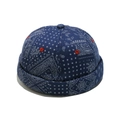 Macro detail of navy blue paisley docker cap showing white embroidery and fabric texture - M (56-58cm) / Navy Blue