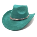 Détail du chapeau de cowboy en daim sarcelle avec bande tressée et plume métallique - M (56-58cm) / Bleu lac