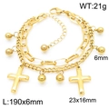Golden double-layer stainless steel bracelet with cross and bead charms on white background - Style A Gold (KB187002-Z)