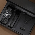 Men's fashion business gift set with black quartz watch, cross necklace, and accessories - Black Cross Jewelry Collection