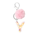 Pink plush ball and resin letter Y keychain with colorful heart-shaped sequins - Letter Y