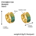 Detail view of small stainless steel earrings with gradient emerald to blue zircon inlay - Green Zirconia (F931-6) / Small