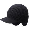 Detailopname van de zwarte geribbelde gebreide wintermuts met klep en warme oorkleppen - Dubbellaags (Geen fleece) / Zwart