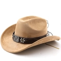 Detail of camel suede cowboy hat featuring leather band with metallic eagle and studs - M (56-58cm) / Khaki