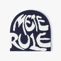 Navy blue knitted beanie featuring white MEIE RULE jacquard lettering and a street style - Navy Blue