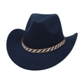 Detailed view of navy blue wool felt cowboy hat with decorative black and white striped band - One Size / Navy Blue (Black & White Stripe)