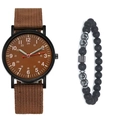 Close-up of minimalist quartz watch with brown nylon strap and matte black bead bracelet set - Watch+Bracelet / Brown