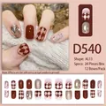 Faux ongles marron café et rouge avec motifs de losanges et finition pailletée - Style Strass Paillettes Feuille d'Or Losange Marron Rouge (D540) / 24 Pièces/Ensemble