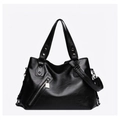 Large black tote bag in pleated synthetic leather with silver rivets and detachable strap - 9059 Black