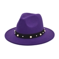 Detail of dark purple wool fedora hat featuring black ribbon with pearls and gold accents - M(56-58cm) / Purple