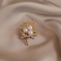 Elegant gold leaf brooch with white pearls and sparkling rhinestones on satin fabric - 548# Pearl Flower