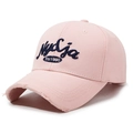 Pink vintage baseball cap with distressed brim and blue 1990 embroidery text - Pink