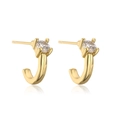 Macro view of gold plated J-shaped earrings with clear zircon stones and shiny finish - J-shape Single Zirconia Stud (42522)