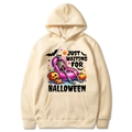 Apricot Halloween hoodie with pumpkin print and Just Waiting For Halloween text - Khaki